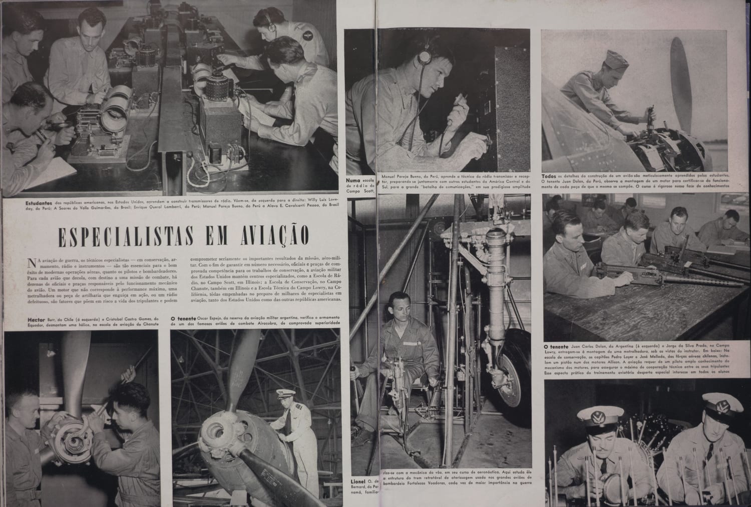 Fotografia de estudantes latino-americanos operando equipamento transmissor de rádio em escola de treinamento norte-americana.