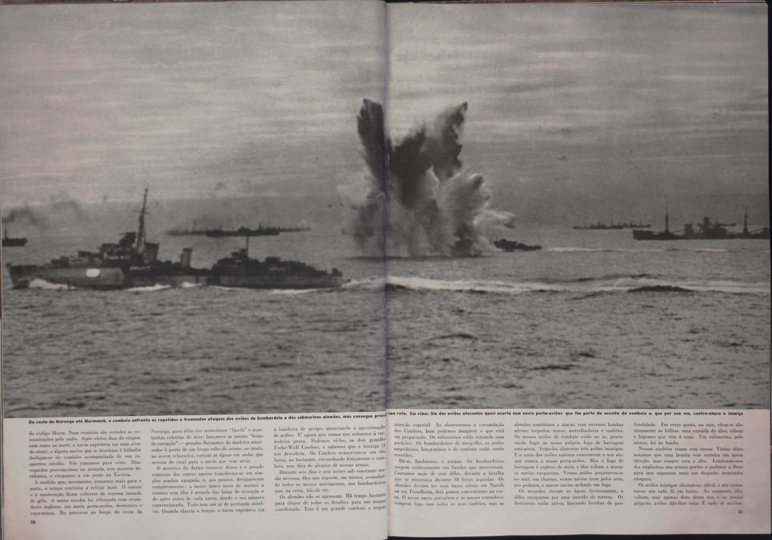 Fotografia de operação naval com explosão em águas marinhas durante combate na Segunda Guerra Mundial.