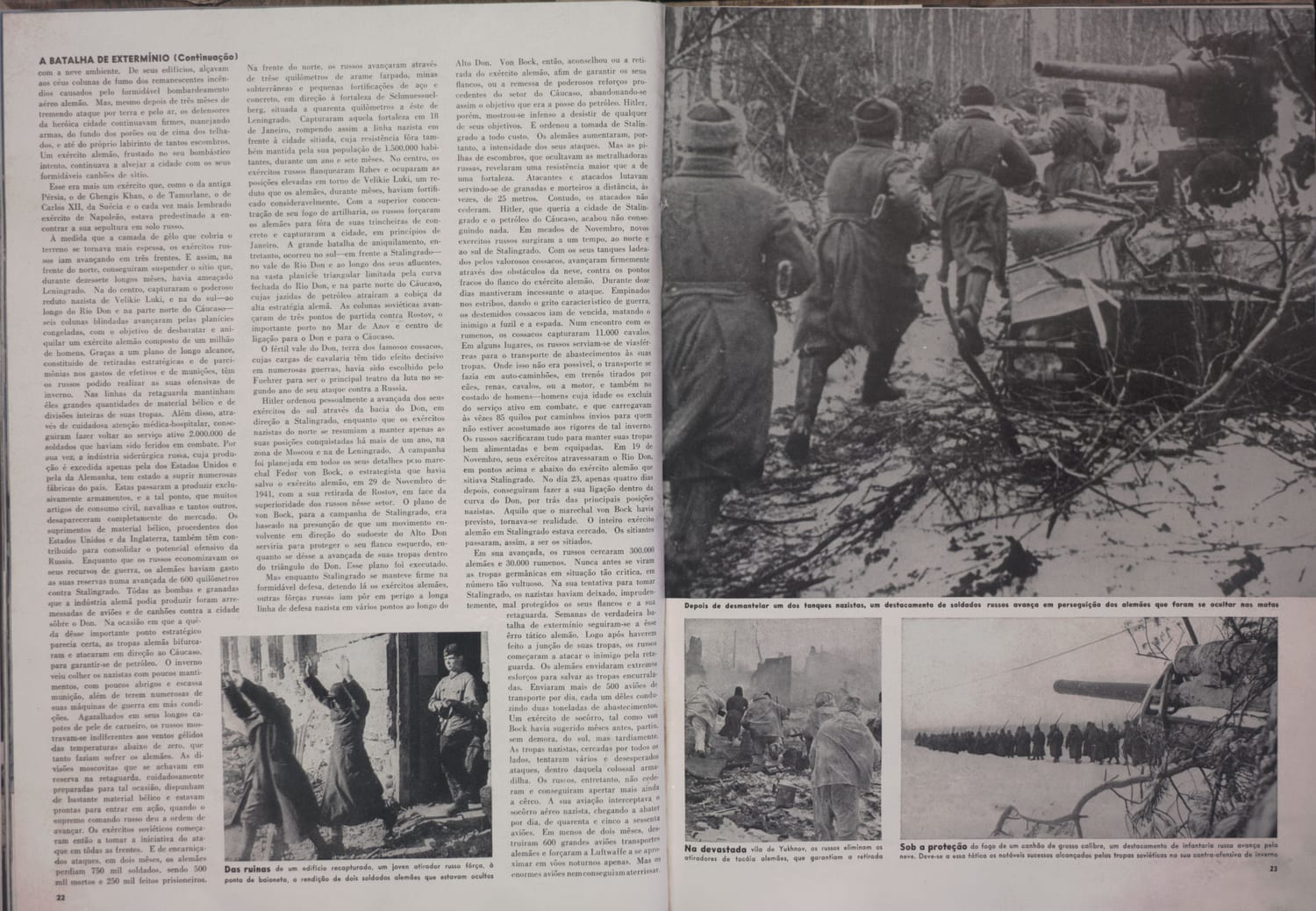 Fotografia de soldados em posição militar observando ruínas e fortificações de guerra.