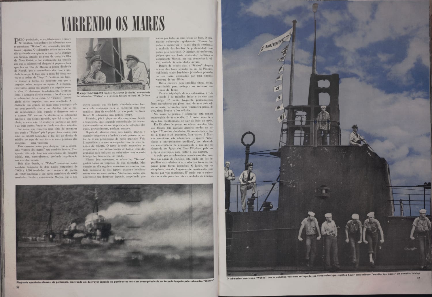 Retrato de oficiais do submarino Wahoo em ambiente de bordo