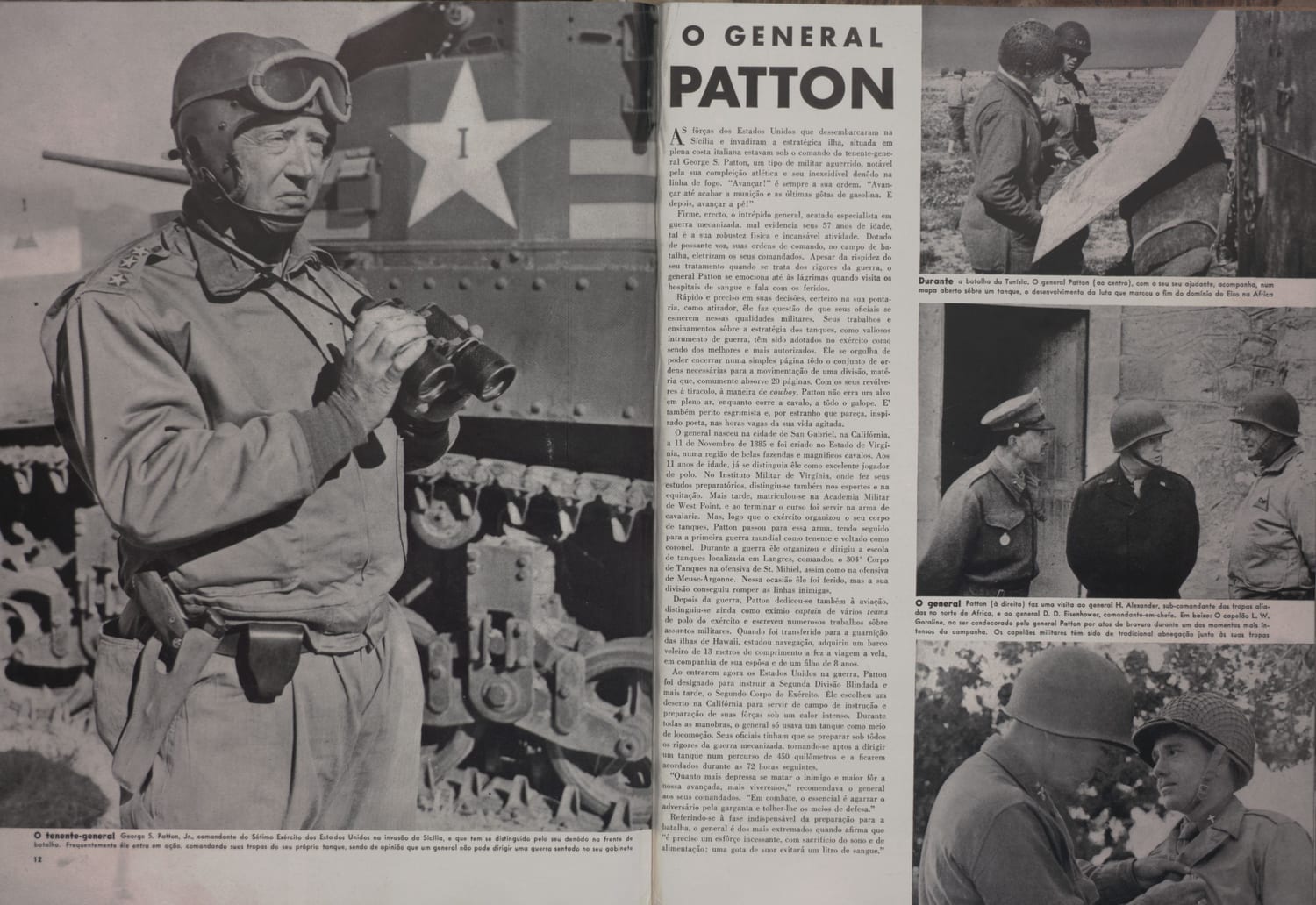 Fotografia do General Patton em uniforme militar junto a equipamento de guerra.
