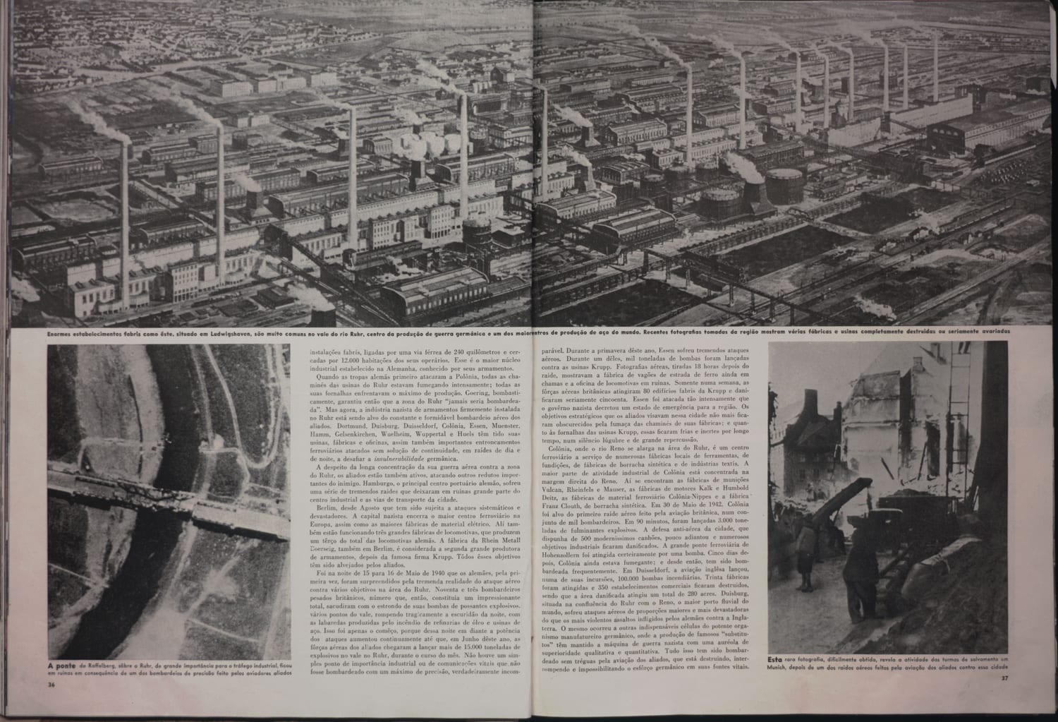 Panorama aéreo de complexo fabril alemão no Ruhr com múltiplas indústrias integradas para produção de guerra.