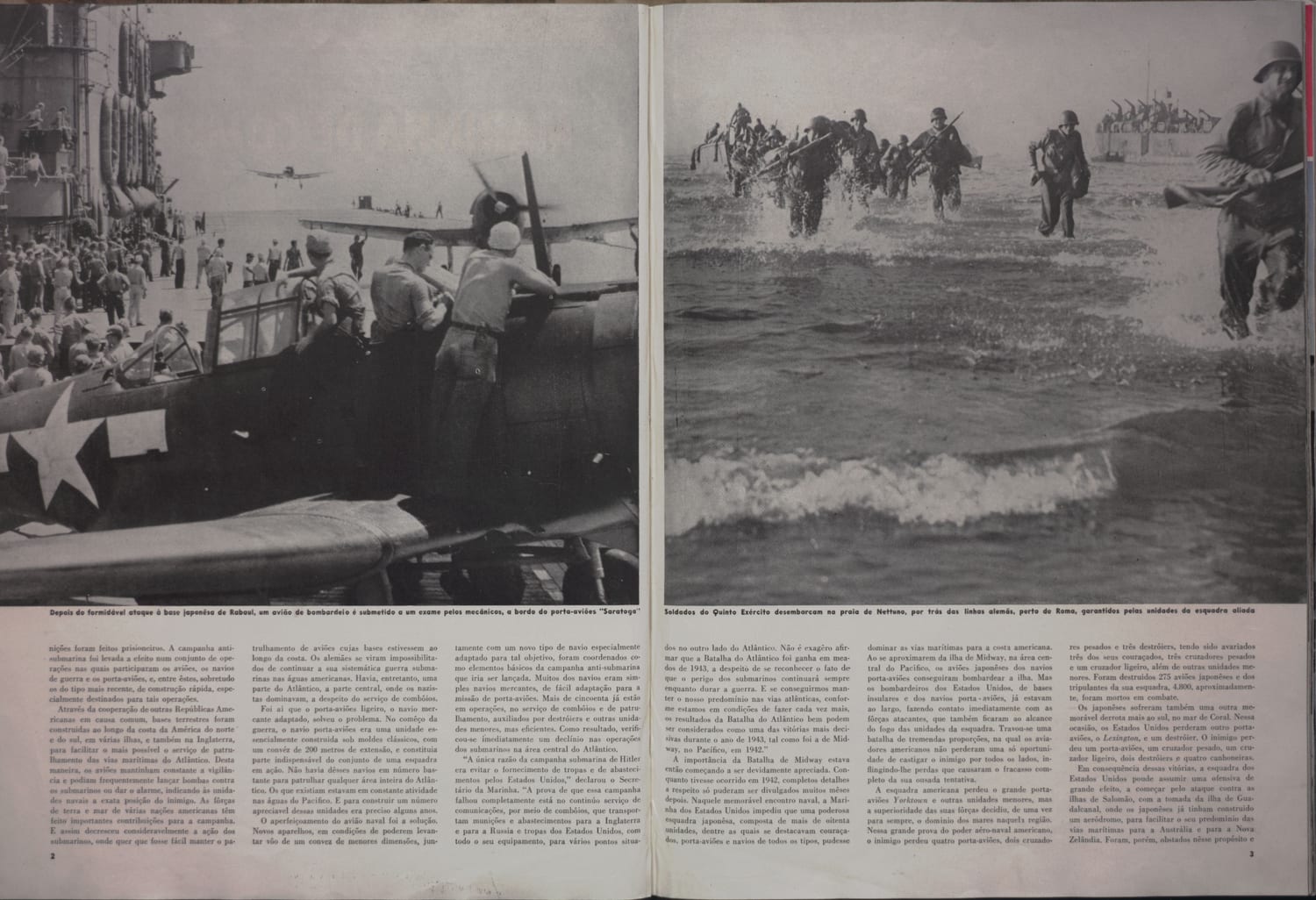 Fotografia de bombardeiro americano em operações de porto-aviação com presença de autoridades militares.