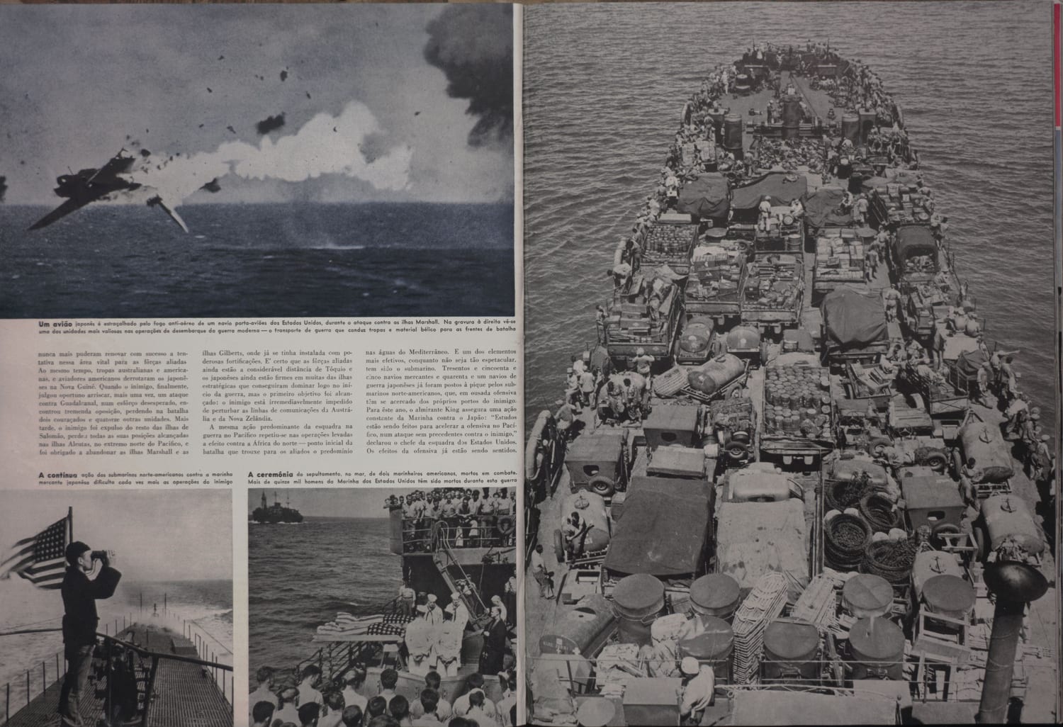 Fotografia de ataque aéreo contra porta-aviões americana durante operações contra o Japão nas Ilhas Marshall.