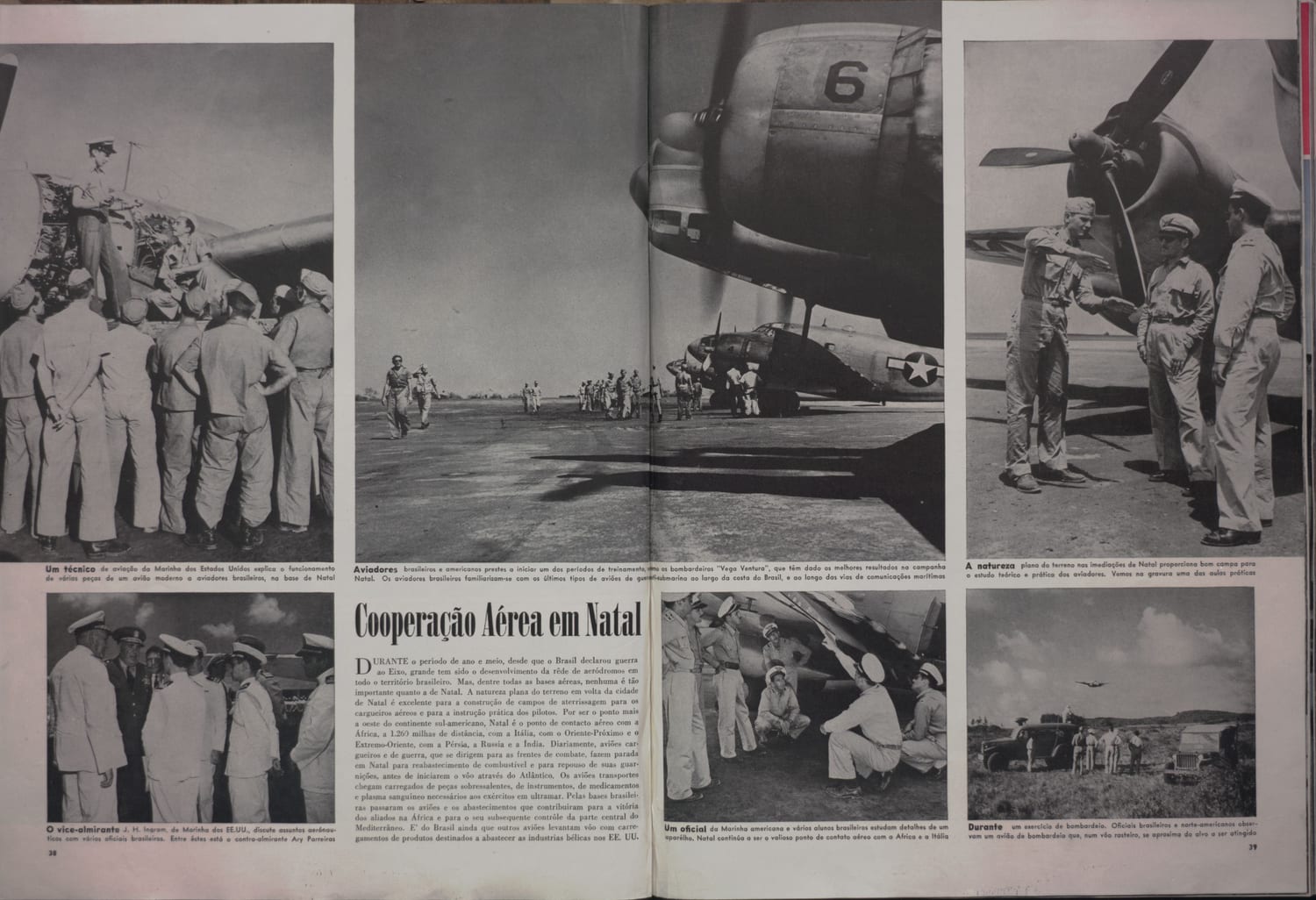 Fotografia de técnico americano instruindo soldados brasileiros sobre equipamento de bombardeiro