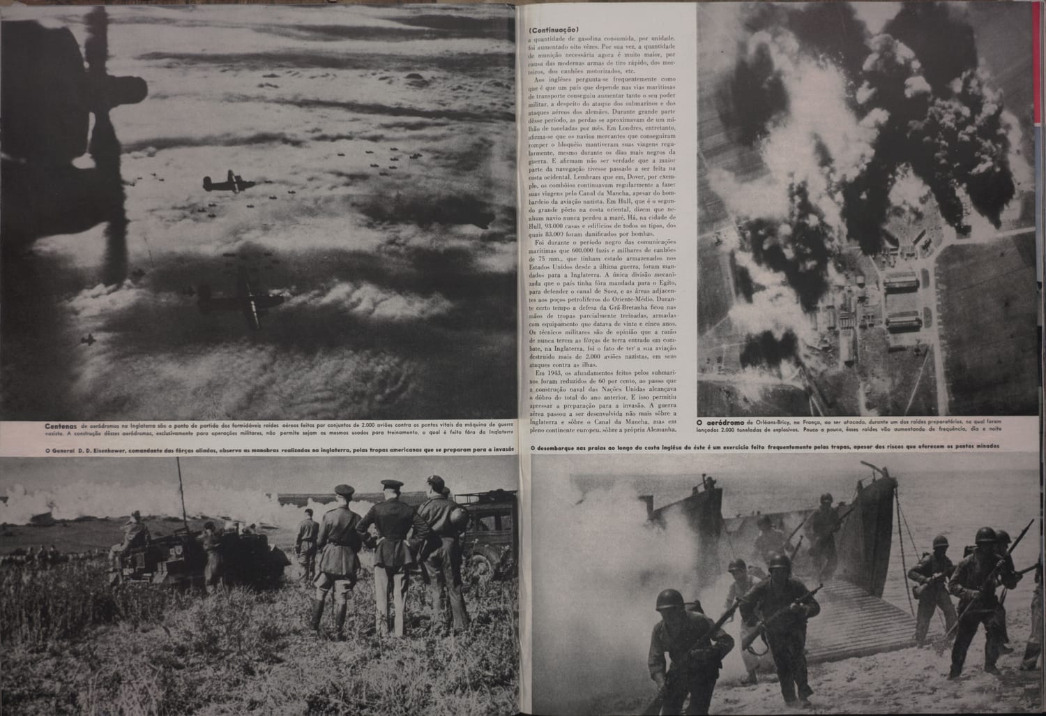 Fotografia aérea de esquadrão de bombardeiros aliados decolando da Inglaterra para ataques a alvos nazistas.