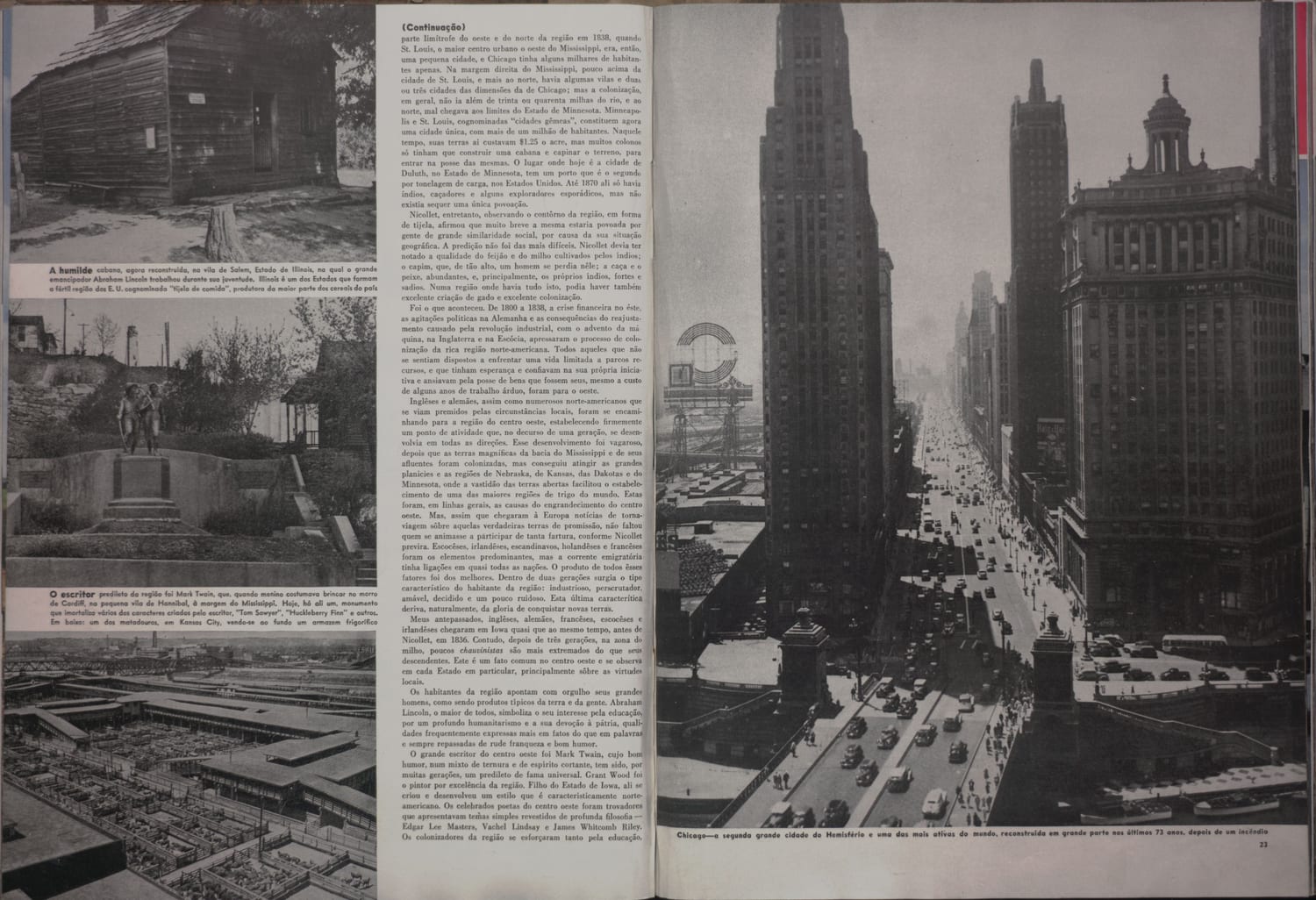 Fotografia panorâmica de Chicago mostrando seus grandes edifícios e intensa vida urbana.