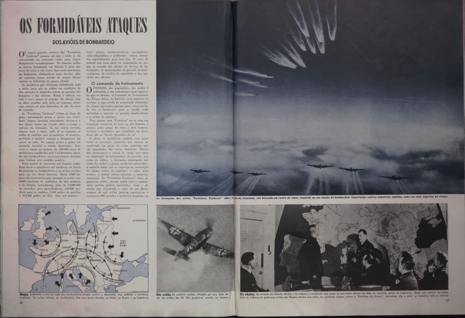 Fotografia aérea mostrando a formação de bombardeiros B-17 em missão sobre a Alemanha com rastros de condensação e holofotes antiaéreos.