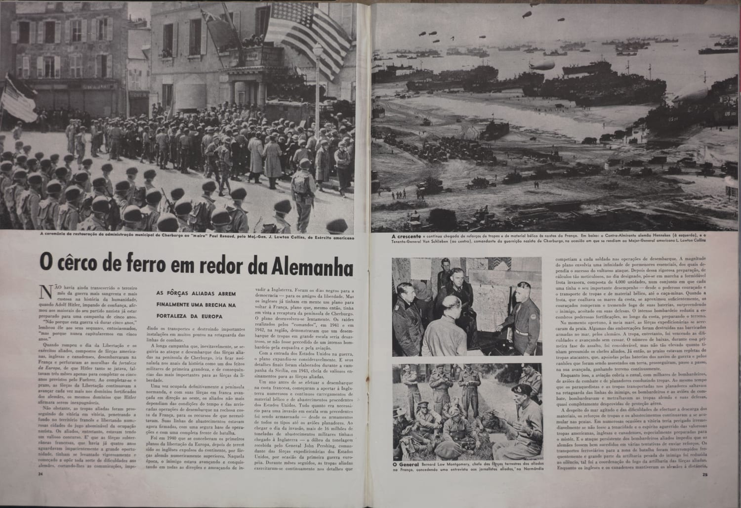 Recepção oficial em Cherbourg após libertação francesa com presença de tropas americanas.