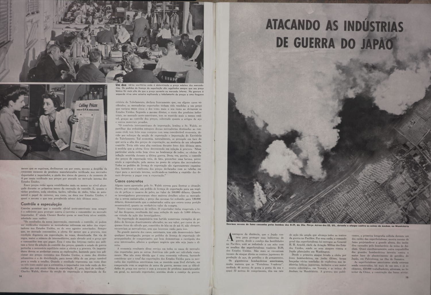 Fotografia aérea do bombardeio americano com B-29 sobre as usinas siderúrgicas de Anshan, na Manchúria.