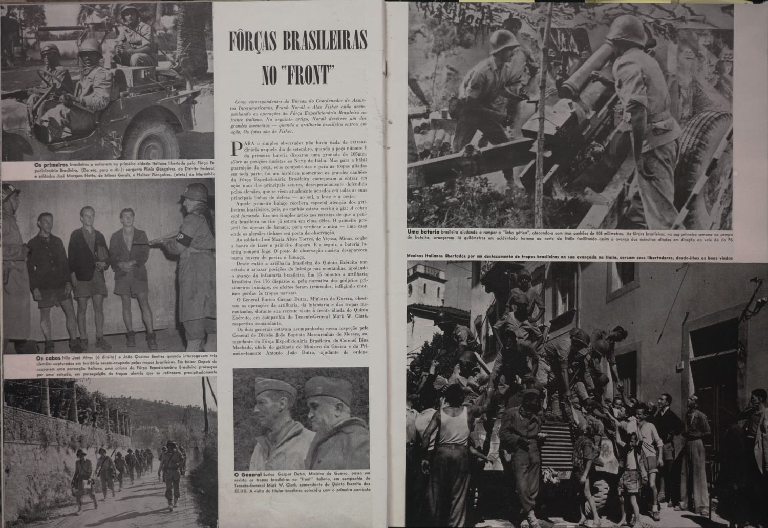Bateria brasileira de artilharia com canhões de 105mm em ação no norte da Itália durante a ruptura da Linha Gótica.