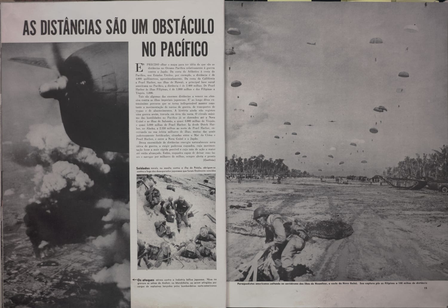 Imagem de ataque aéreo de bombardeiros norte-americanos contra indústria básica japonesa nas minas de Anshan, na Manchúria.