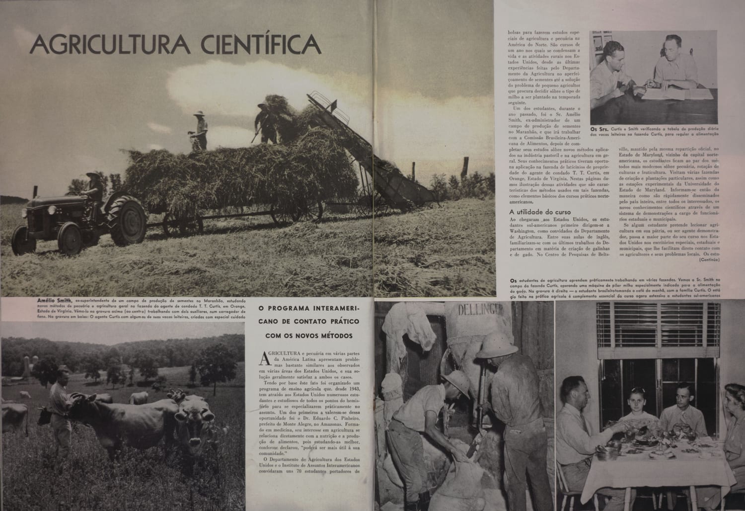 Fotografia de maquinário agrícola moderno em operação em fazenda dos Estados Unidos, ilustrando os métodos mecanizados ensinados no programa de intercâmbio.