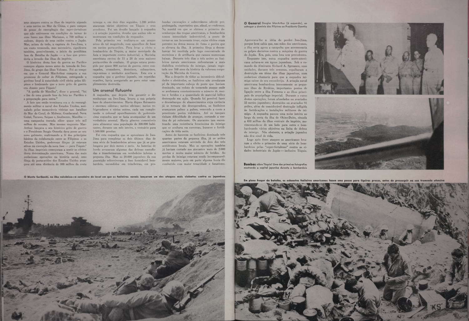 Fotografia de operações militares americanas em ilha do Pacífico com navio de guerra e soldados em posição