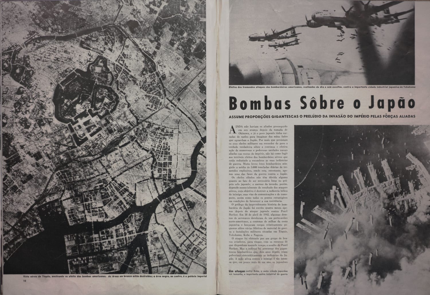 Fotografia aérea de Tóquio revelando os efeitos devastadores dos bombardeios aliados sobre a cidade.