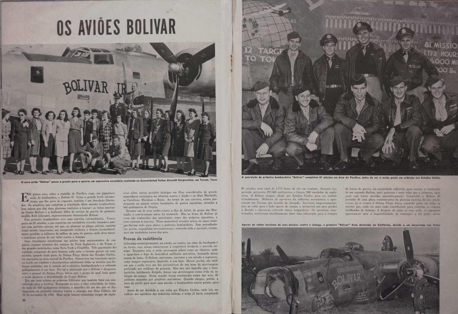 Imagem do bombardeiro Bolivar II com sua equipe reunida ao lado da aeronave.