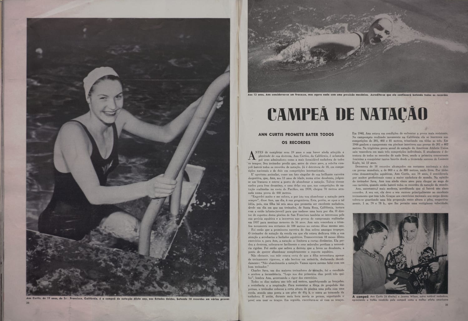 Retrato da campeã Ann Curtis durante atividade de natação