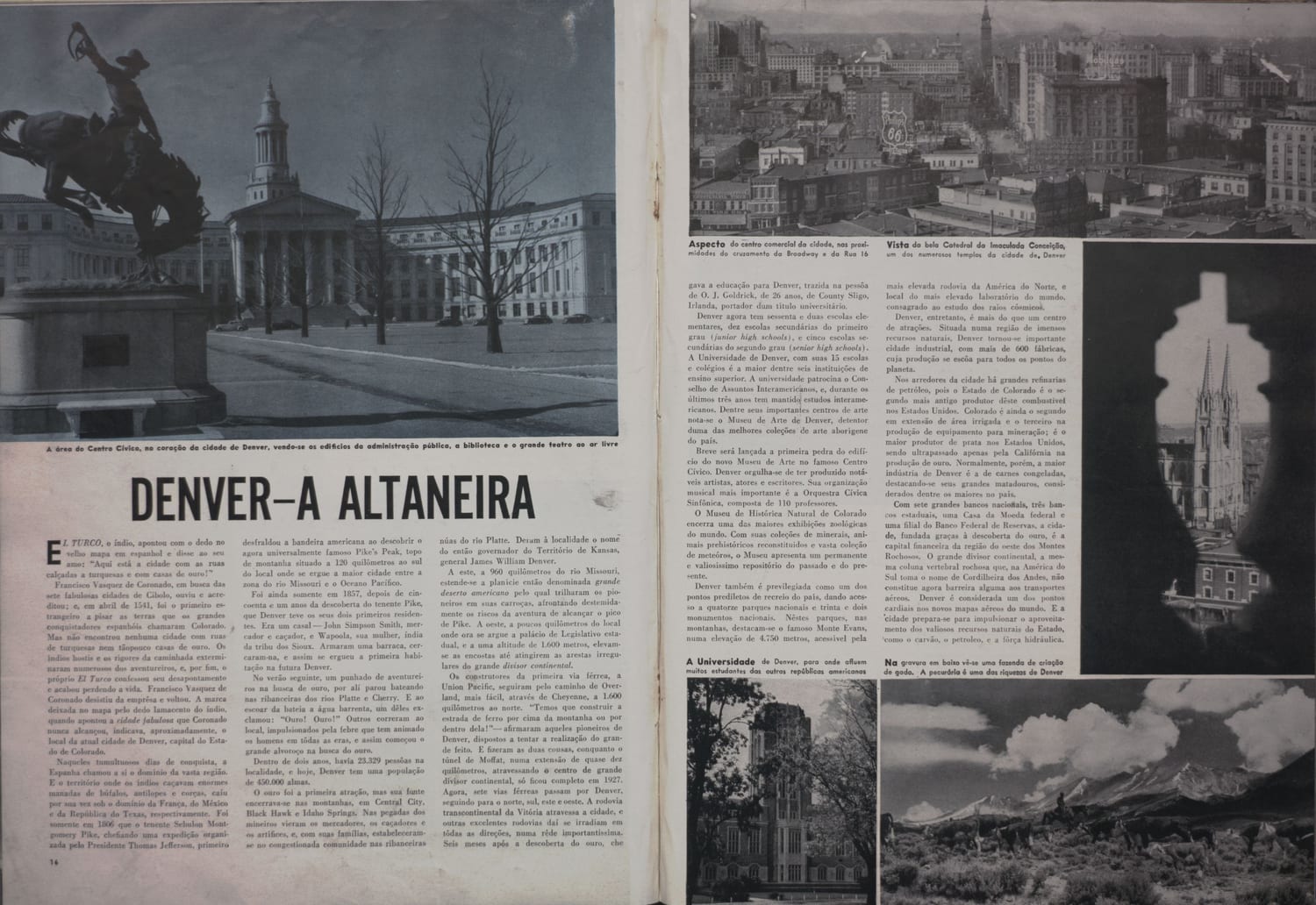 Fotografia do Centro Cívico de Denver com edifícios públicos e escultura em destaque.