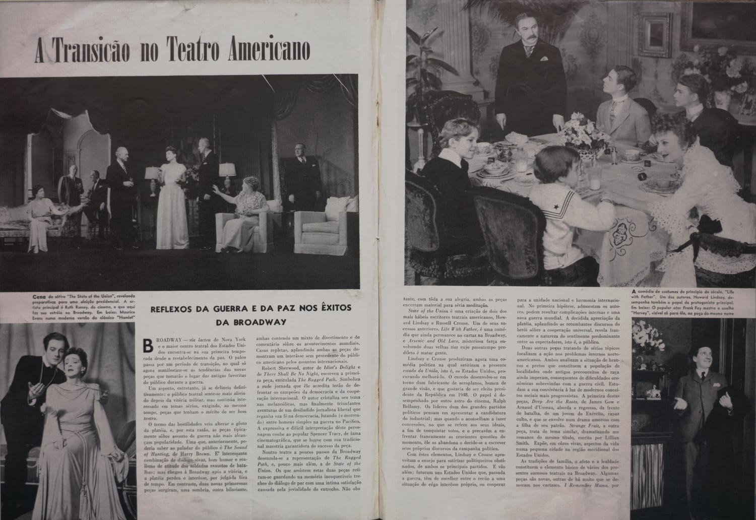Fotografia de cena da peça 'The State of the Union' com Ruth Hussey em sua estreia na Broadway, e referência a Maurice Evans em 'Hamlet'.