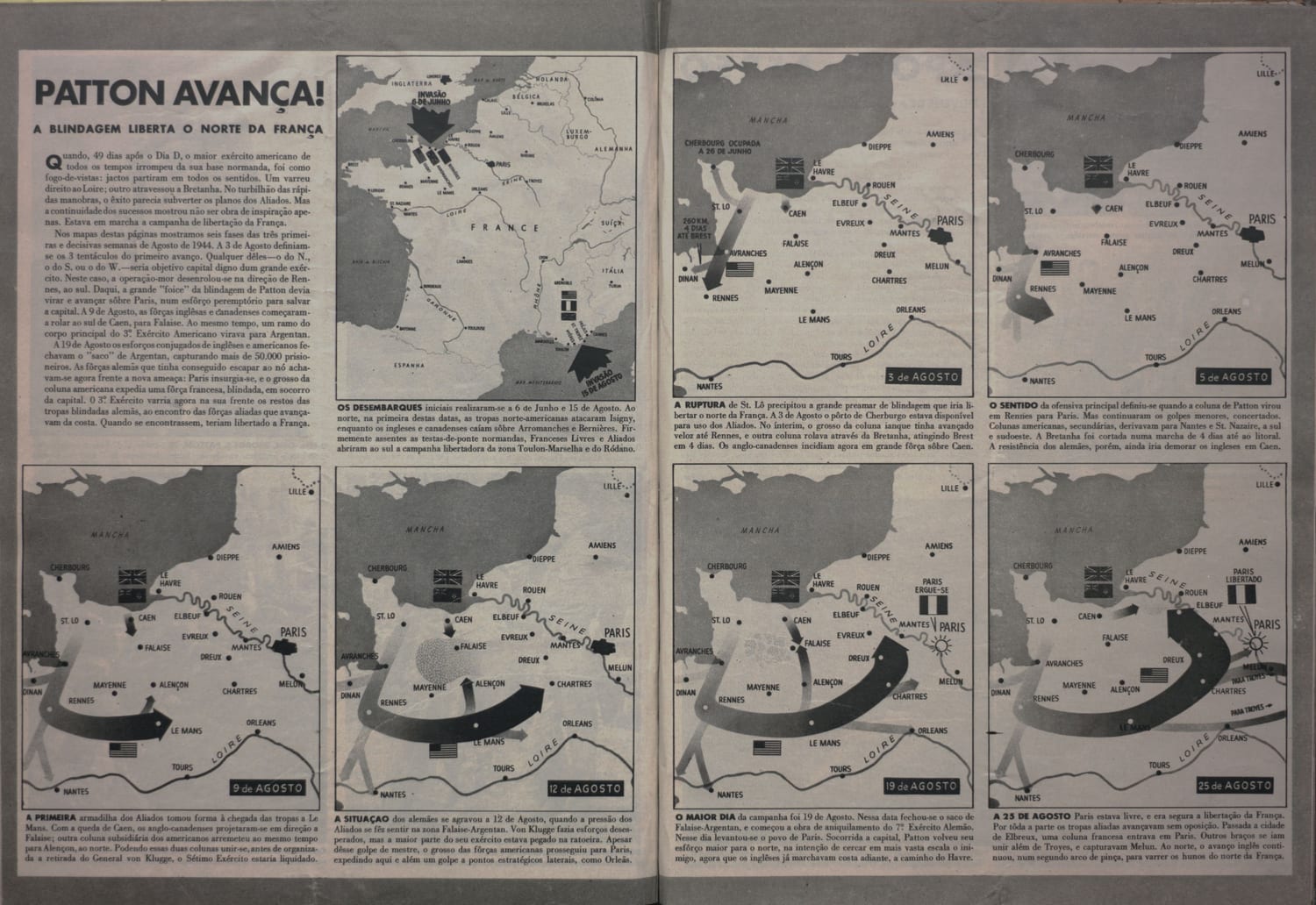 Mapa panorâmico da Europa mostrando a invasão aliada e os vetores de avanço durante a campanha de libertação da França.