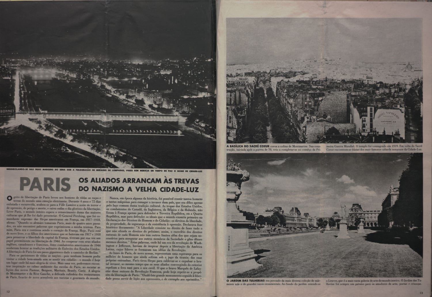 Fotografia aérea noturna de Paris às margens do Sena, legendada como a Cidade-Luz em tempo de paz.