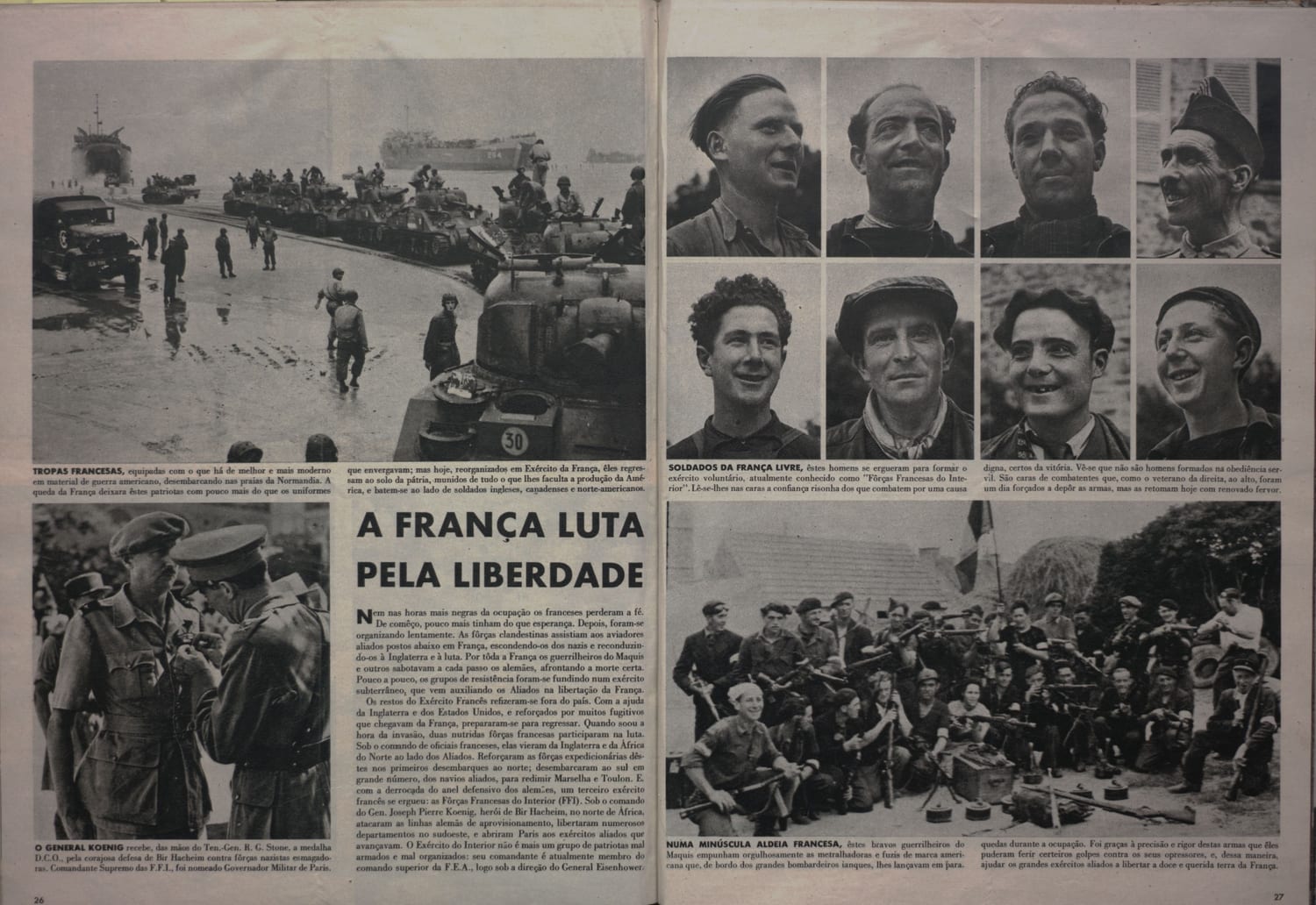 Fotografia mostrando o desembarque de tropas e blindados franceses na Normandia durante a invasão aliada.