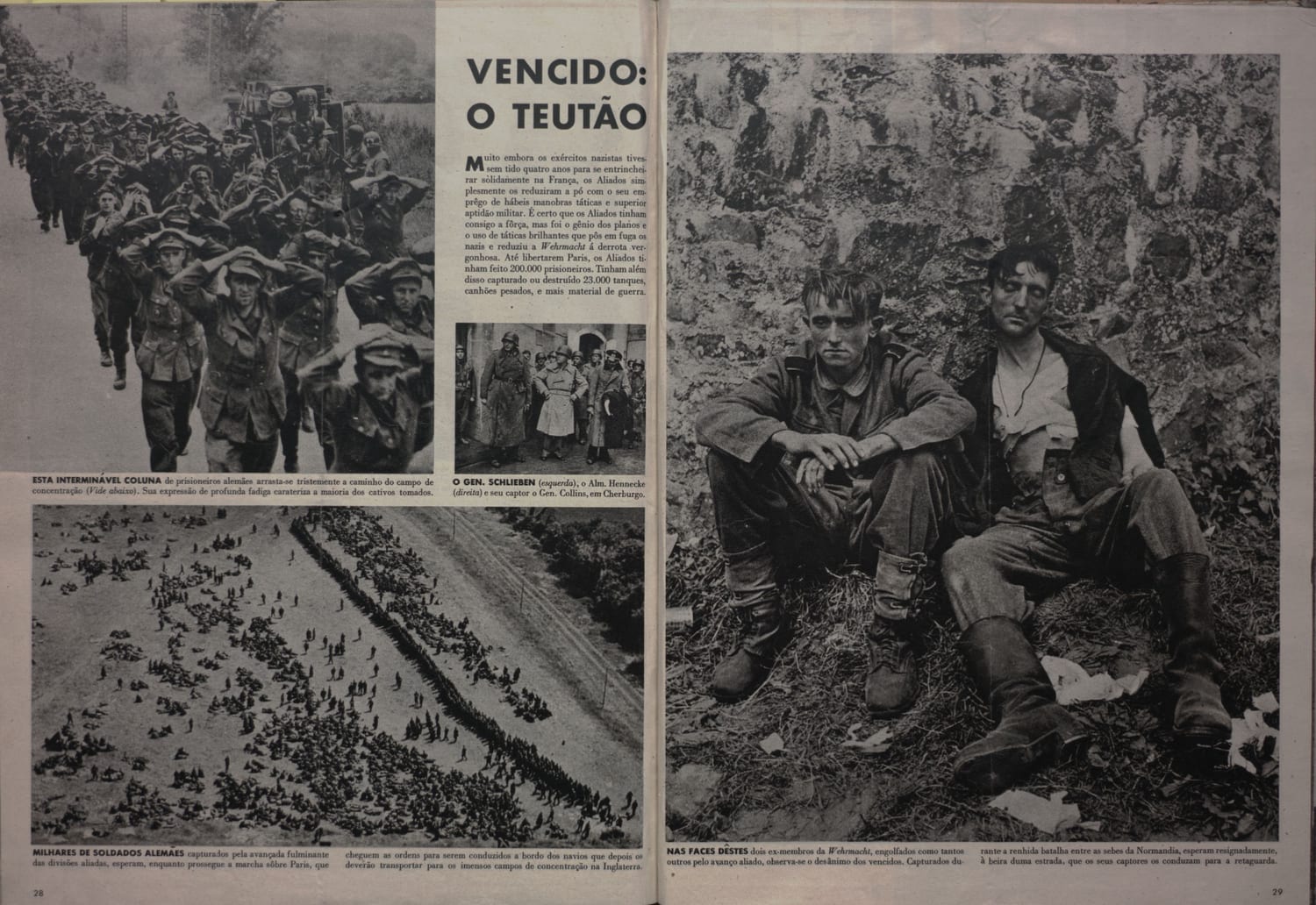 Fotografia de coluna interminável de soldados alemães capturados sendo conduzidos a campos de prisioneiros.