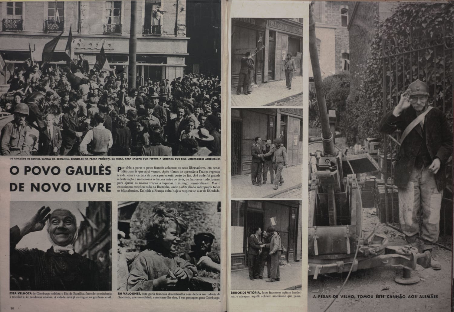Fotografia da celebração popular em Rennes durante a libertação da cidade pelas forças aliadas em 1944.